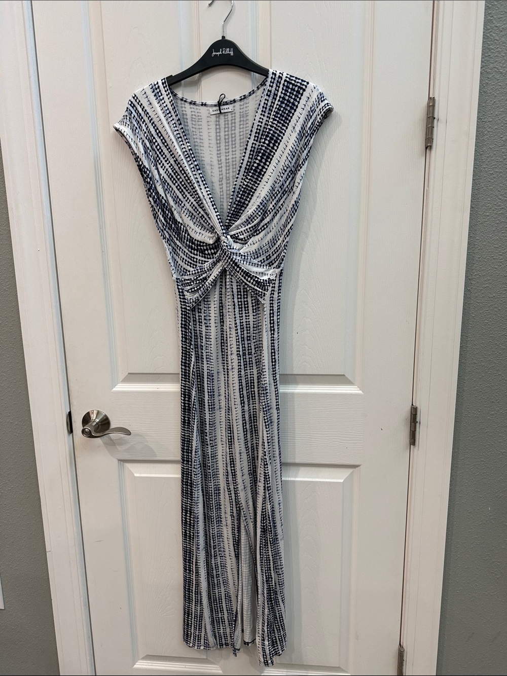 Cap-Sleeve Navy & White Twist-Front Maxi Dress